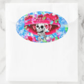 赤い帽子をかぶった青い女性の笑い声 楕円形シール (バッグ)