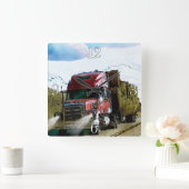 赤い干し草の配達用トラック-貨物自動車およびハイウェーの芸術 スクエア壁時計 (ホーム)