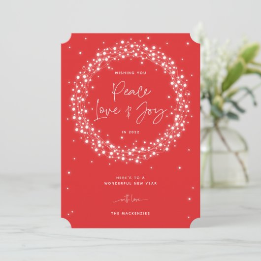 赤い平和の愛+ジョイきらめくライトのクリスマス シーズンカード (スタンド正面)