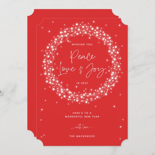 赤い平和の愛+ジョイきらめくライトのクリスマス シーズンカード (正面/裏面)