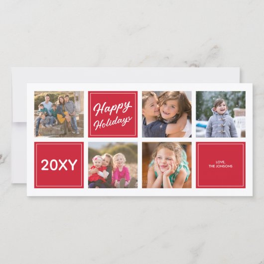 赤い幸せな休日おしゃれな5枚の写真コラージュカード シーズンカード (正面)