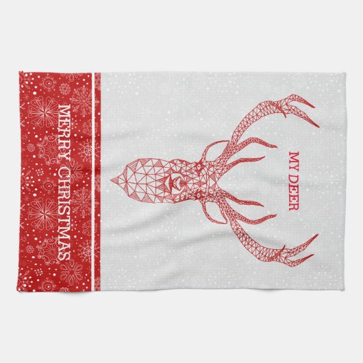 赤い幾何モダンのクリスマスディアー キッチンタオル (横)