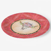 赤い幾何学模様とフローラ牛スカル ペーパープレート (アングル)