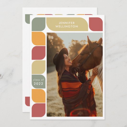 赤い幾何学的レトロフレームフォト2022卒業 案内状 (正面/裏面)