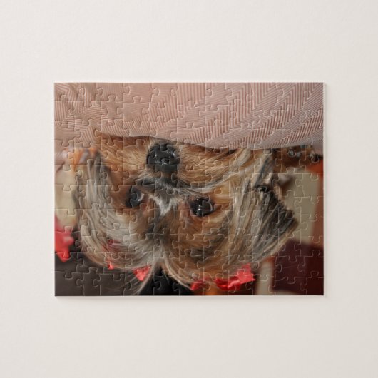 赤い弓とのかわいいヨークシャテリアのヨークシャーテリア ジグソーパズル (横)