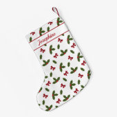 赤い弓とクリスマスホリーの植物のパターンと名前 スモールクリスマスストッキング (裏面 (吊り時))