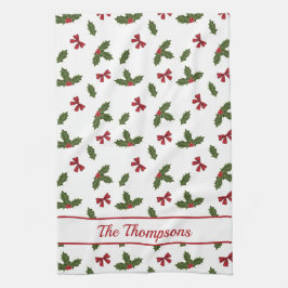 赤い弓とクリスマスホリープラントパターン&文字 キッチンタオル