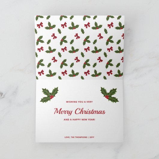 赤い弓とクリスマスホリープラントパターン&文字 シーズンカード (内部)