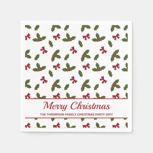 赤い弓とクリスマスホリープラントパターン&文字 スタンダードカクテルナプキン (正面)