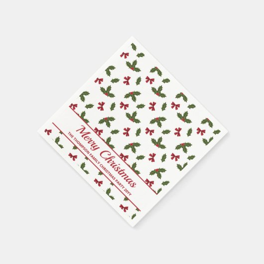 赤い弓とクリスマスホリープラントパターン&文字 スタンダードカクテルナプキン (角)