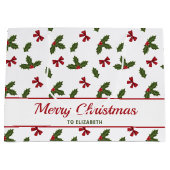 赤い弓とクリスマスホリープラントパターン&文字 ラージペーパーバッグ (正面)