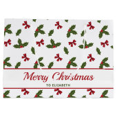 赤い弓とクリスマスホリープラントパターン&文字 ラージペーパーバッグ (裏面)