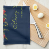 赤い弓とバウブルを持つクリスマスガーランド キッチンタオル (四つ折り)