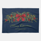 赤い弓とバウブルを持つクリスマスガーランド キッチンタオル (横)