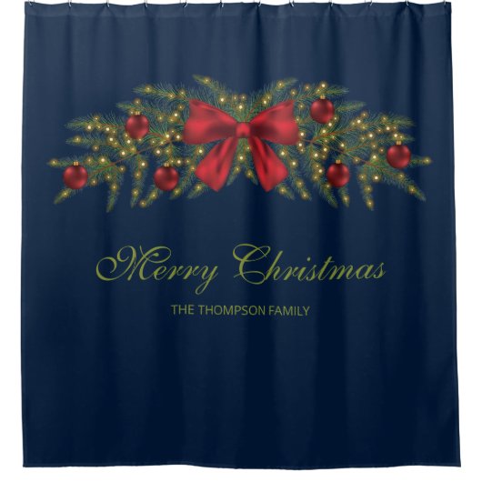 赤い弓とバウブルを持つクリスマスガーランド シャワーカーテン (正面)