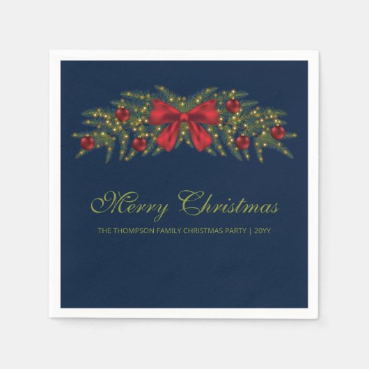 赤い弓とバウブルを持つクリスマスガーランド スタンダードカクテルナプキン (正面)