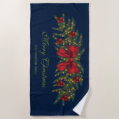 赤い弓とバウブルを持つクリスマスガーランド ビーチタオル (正面)