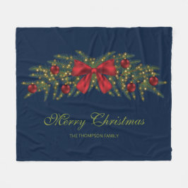 赤い弓とバウブルを持つクリスマスガーランド フリースブランケット