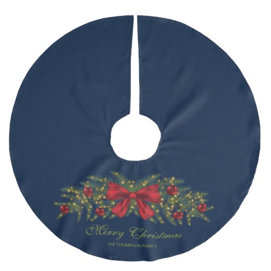 赤い弓とバウブルを持つクリスマスガーランド ブラッシュドポリエステルツリースカート (正面)