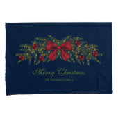 赤い弓とバウブルを持つクリスマスガーランド 枕カバー (正面右)