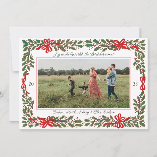 赤い弓とホリーガーランドワンフォトクリスマス シーズンカード (正面)