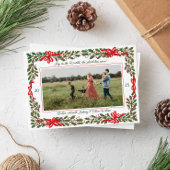 赤い弓とホリーガーランドワンフォトクリスマス シーズンカード