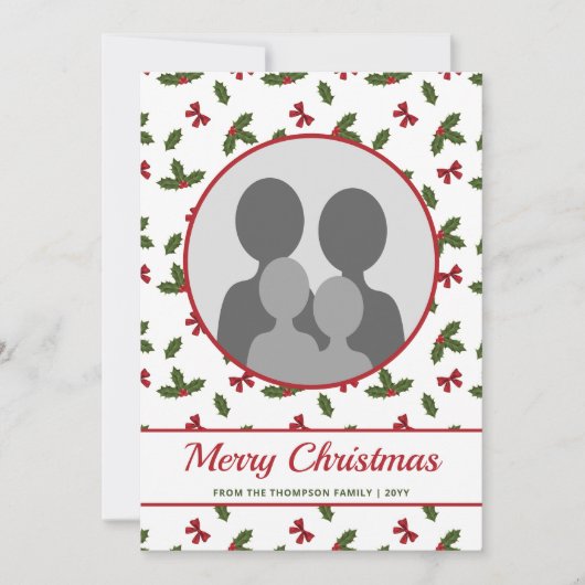 赤い弓とホリー植物のパターンのカスタム写真 シーズンカード (正面)