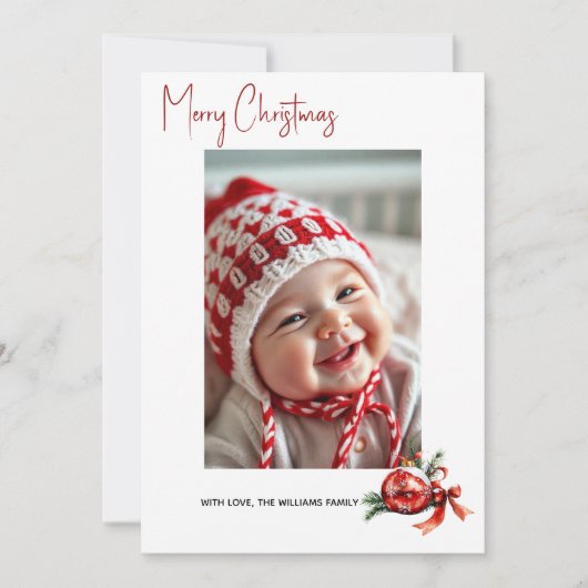 赤い弓とモミの写真のクリスマスオーナメント シーズンカード (正面)