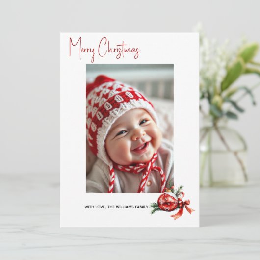 赤い弓とモミの写真のクリスマスオーナメント シーズンカード (スタンド正面)
