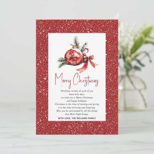 赤い弓とモミの枝を持つクリスマスオーナメント シーズンカード (スタンド正面)