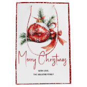 赤い弓とモミの枝を持つクリスマスオーナメント ミディアムペーパーバッグ (正面)