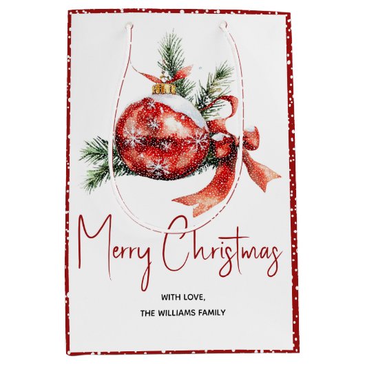 赤い弓とモミの枝を持つクリスマスオーナメント ミディアムペーパーバッグ (正面)