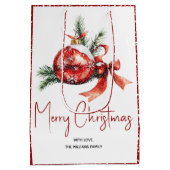 赤い弓とモミの枝を持つクリスマスオーナメント ミディアムペーパーバッグ (裏面)