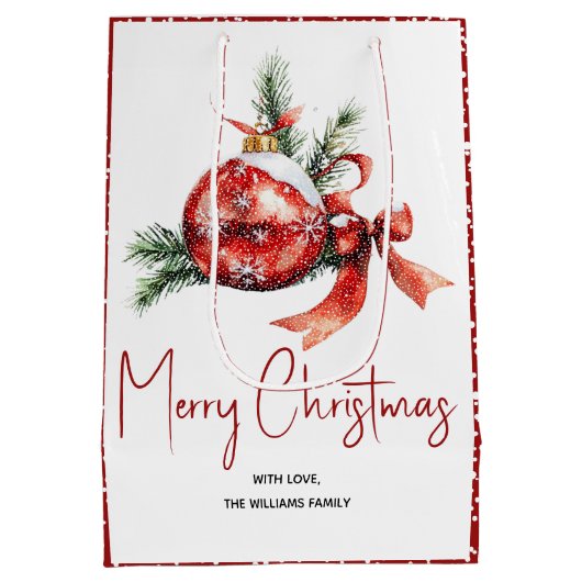 赤い弓とモミの枝を持つクリスマスオーナメント ミディアムペーパーバッグ (裏面)