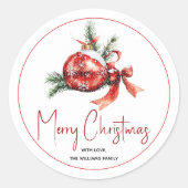 赤い弓とモミの枝を持つクリスマスオーナメント ラウンドシール (正面)