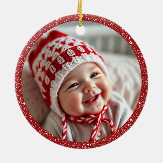 赤い弓とモミの枝を持つクリスマスボール セラミックオーナメント (裏面)