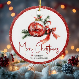 赤い弓とモミの枝を持つクリスマスボール セラミックオーナメント