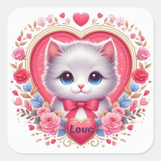 赤い弓とロマンチックなフローラハート スクエアシール (正面)