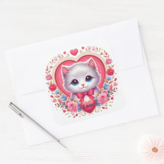 赤い弓とロマンチックなフローラハート スクエアシール (封筒)