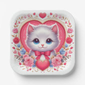 赤い弓とロマンチックなフローラハート ペーパープレート (正面)