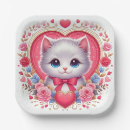 赤い弓とロマンチックなフローラハート ペーパープレート