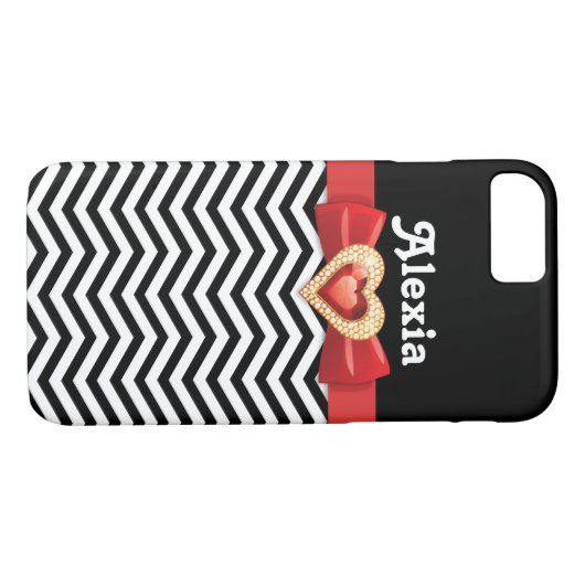 赤い弓と宝石を持つ白黒のシェブロン模様 Case-Mate iPhoneケース (裏面(横))