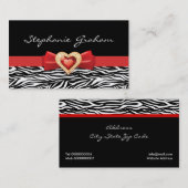 赤い弓と宝石を持つ白黒ゼブラ印刷 名刺 (正面/裏面)