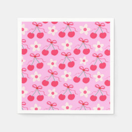 赤い弓と白い花を持つコケットさくらんぼ スタンダードカクテルナプキン