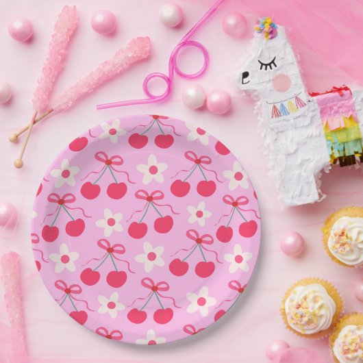 赤い弓と白い花を持つコケットさくらんぼ ペーパープレート (パーティー)