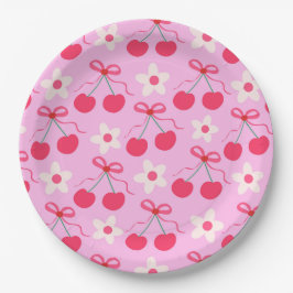 赤い弓と白い花を持つコケットさくらんぼ ペーパープレート