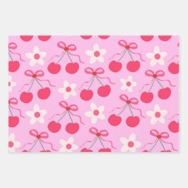 赤い弓と白い花を持つコケットさくらんぼ ラッピングペーパーシート