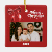 赤い弓のクリスマスフォト セラミックオーナメント (正面)