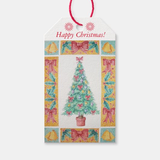 赤い弓のベルを飾ったクリスマスツリー ギフトタグ (正面)