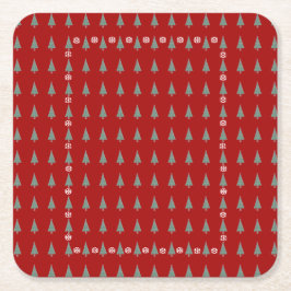 赤い弓のベルを飾ったクリスマスツリー スクエアペーパーコースター